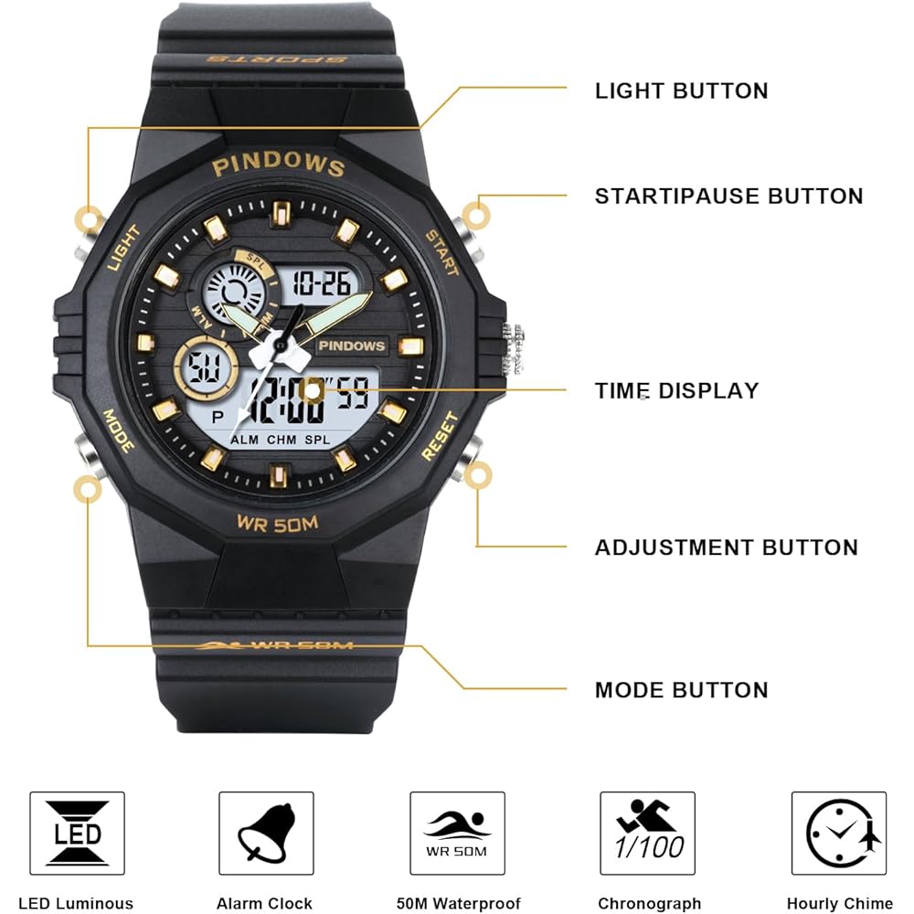 PINDOWS Women's Digital Sports Watch 50M Waterproof Multi-Function LED Backlight Calendar Alarm Stopwatch