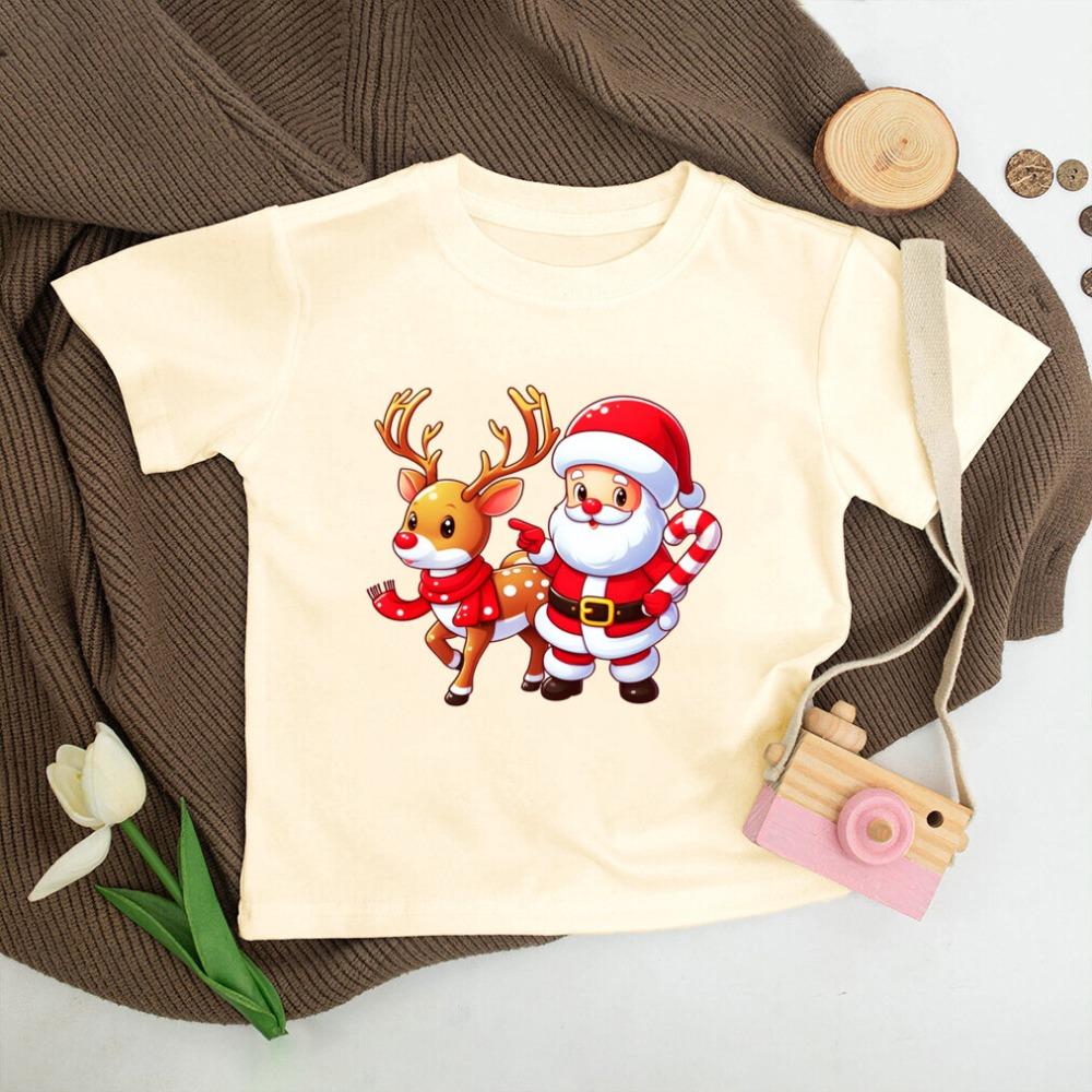 Santa Printed Christmas Kids Shirt Christmas Party Boys Girl Outfit Child Retro Short Sleeve T-shirt Toddler Xmas Holiday Shirts
