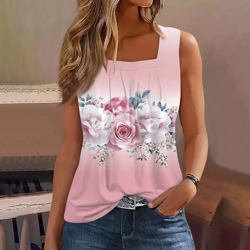 Ärmelloses Tanktop mit plissiertem, quadratischem Ausschnitt und Pflanzendruck für Damen