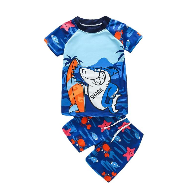 Chłopięcy zestaw do pływania z kreskówek: Rashguard z krótkim rękawem, Szorty i Czepek (Lato 2024)