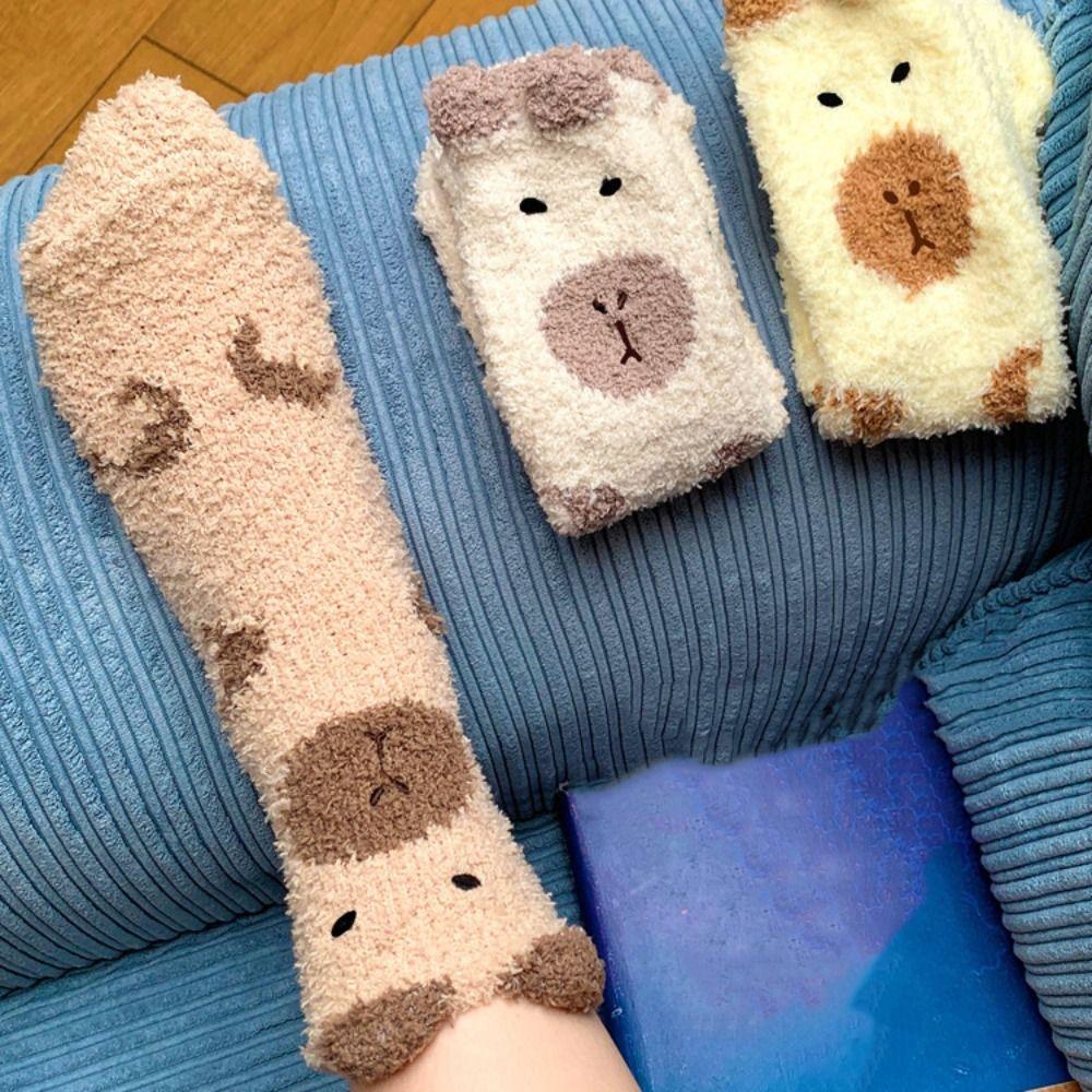 5Pairs Warm Capybara Fleece Socks Thicken Winter Floor Socks Cute Coral Fleece Socks  Girls