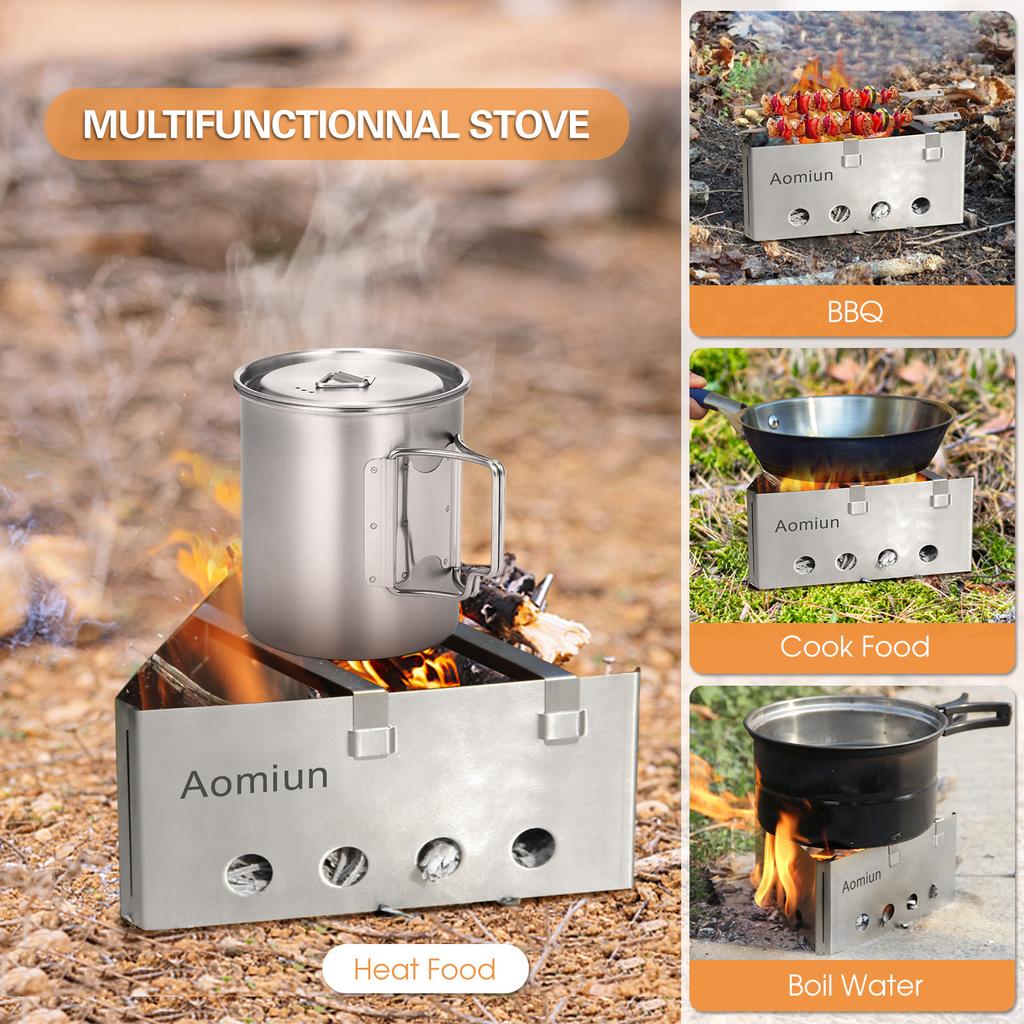 Aomiun Leichter Dreieckiger Holzofen Tragbarer Edelstahlbrenner für Outdoor-Kochen Picknick Camping Rucksacktouren