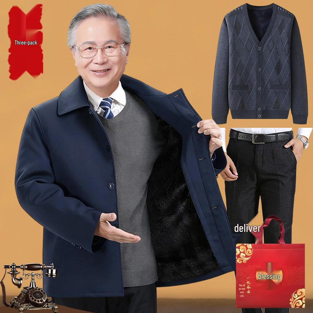 Elderly Men's Winter Fleece-Lined Cotton Jacket, Short Style for Ages 50-70