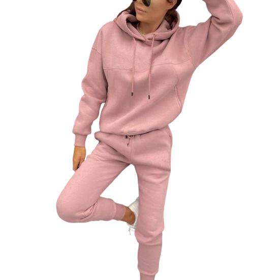 2 Teile/satz Langarm Kordelzug Taschen Elastische Bund Mid-rise Casual Outfit Frauen Frühling Einfarbig Mit Kapuze Sweatshirt Hosen