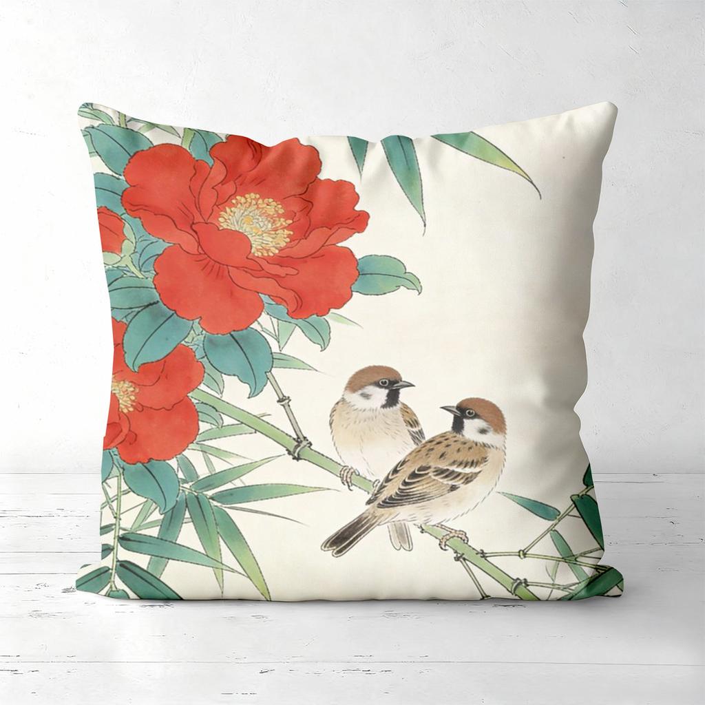 1 Pieces Red Flowers And Sparrows Printed Decorative Cushions Polyester Pillowcase, Sofa Decorative Cushion Cov Headboard Pillow
