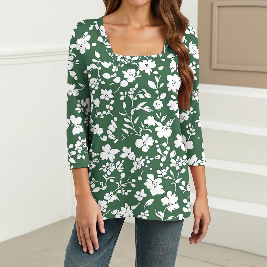 Dámské tričko s potiskem a 3/4 rukávy pro každodenní nošení i na víkend, módní základní top se čtvercovým výstřihem, běžný střih