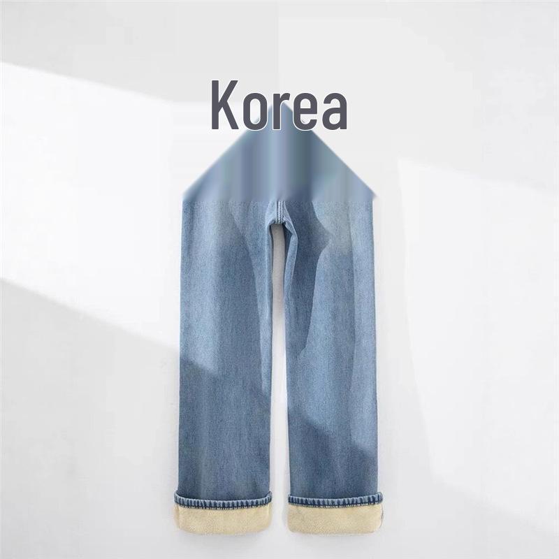 Women's Retro Light Blue Velvet Wide-Leg Jeans, Winter High-Waisted Slimming Pants