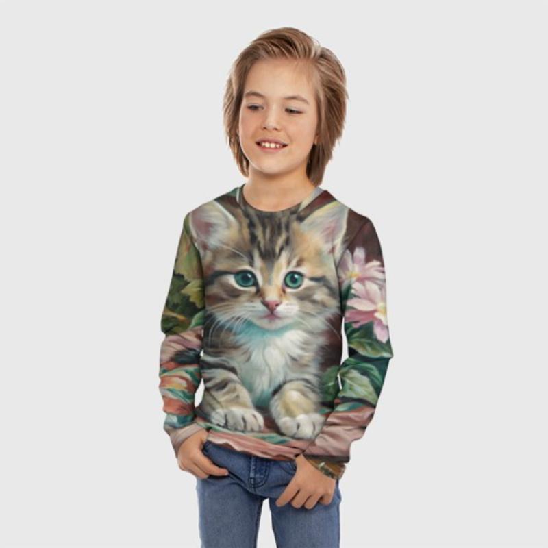 Children's Cartoon Kitten Print Color Painting T-shirt Boys Cute Long Sleeved Soft Comfortable Top