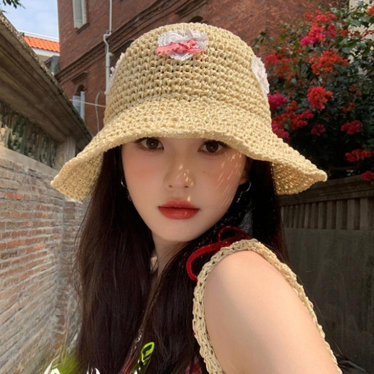 Simple Straw Hat for Girls, Summer Sun Protection Bucket Hat, Foldable Versatile Face Covering Straw Basin Hat