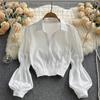 Bubble Sleeve Blouse Top Women's Waisted Short Chic Temperament Shirt