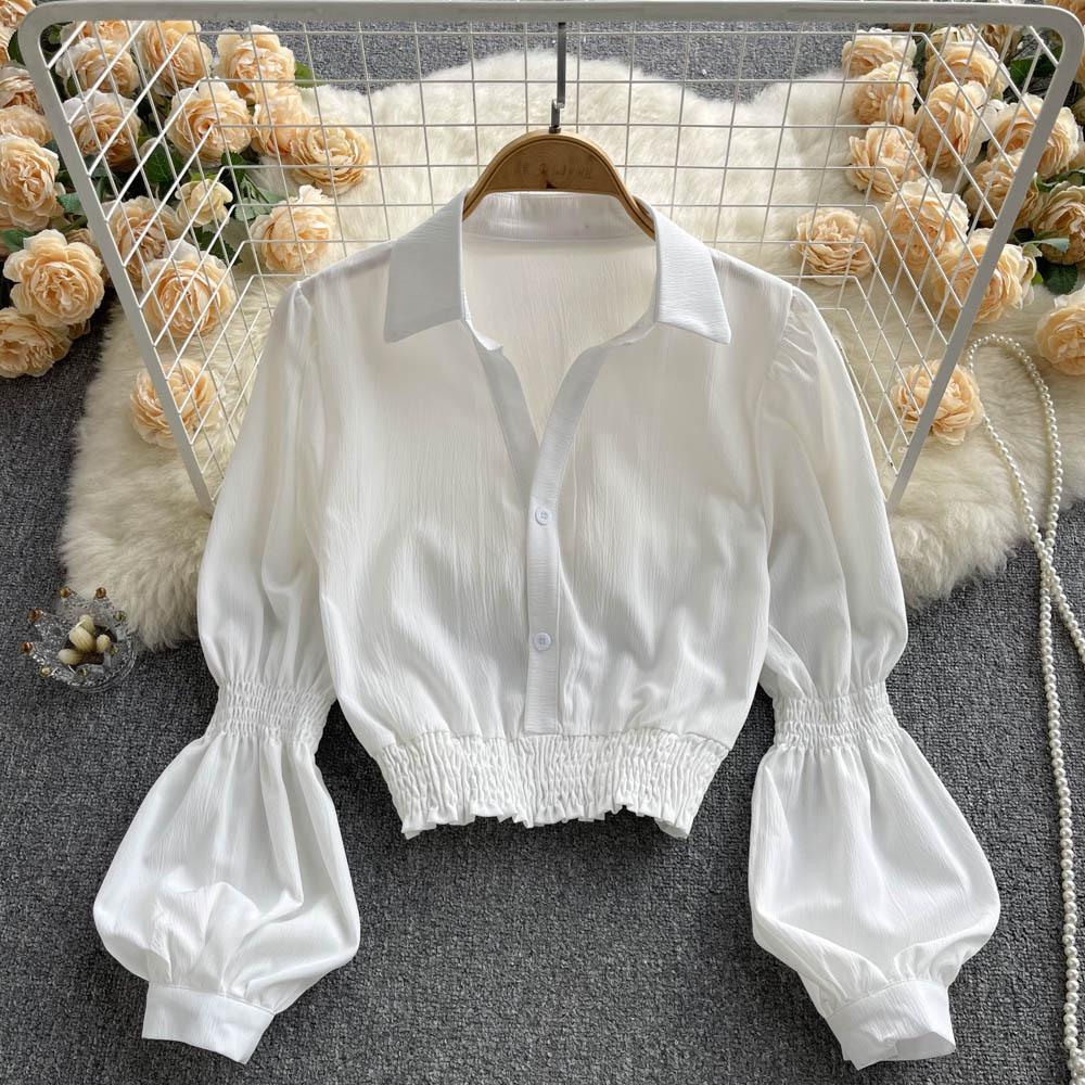Bubble Sleeve Blouse Top Women's Waisted Short Chic Temperament Shirt