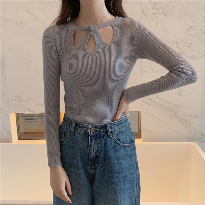 Women's Chic Hollow-Out Slim Fit Long Sleeve Knit Sweater - Autumn/Winter Collection