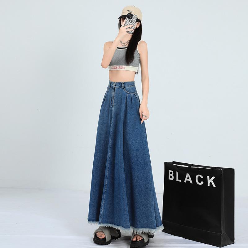 Hong Kong Retro Literary Denim Midi Skirt: Women's 2025 High-Waist A-Line Umbrella Design for Spring/Summer