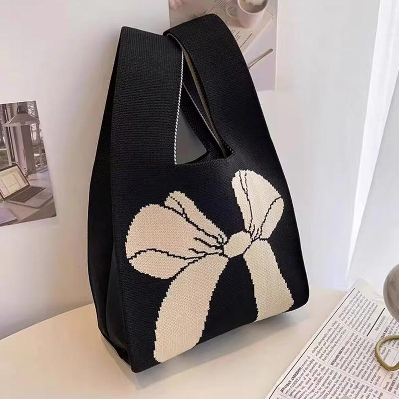 Przenośna Mini Pasiasta Torba Tote Ręcznie Robiona Dzianinowa Torba Damska Węzeł na Nadgarstek Torba Wiaderko na Telefon Duża Pojemność Jesień Zima Torebki