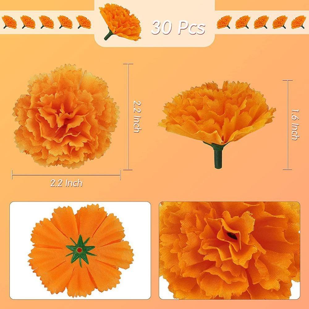 30 Pcs Silk Cloth Silk Marigold Flowers Decoration Set Orange Carnation Flowers Home Decoration