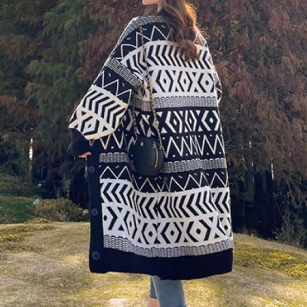 NaVaVa Women Retro Pattern V Neck Long sleeVe Knit Cardigan Nk2778