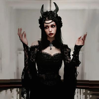 Gothic Y2K Vintage Lace Overlays See Through Woman Cosplay Cover-ups Coat Stand Flare Sleeve Black Fairy Grunge