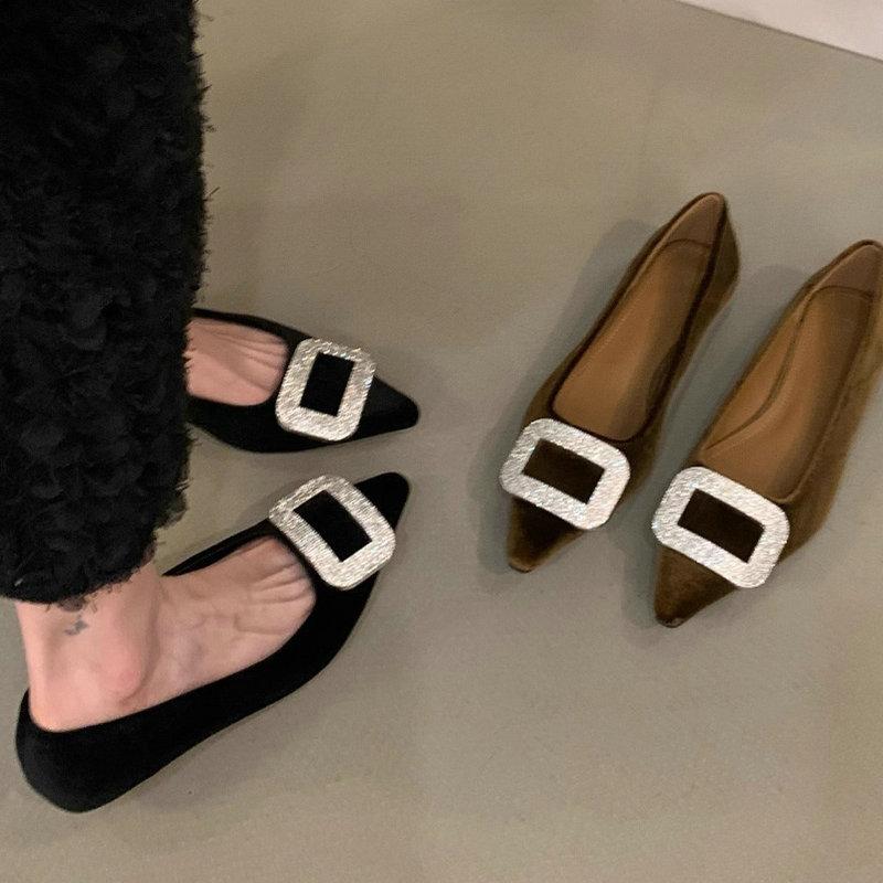 Fashion Flat Shoes Women's Shoes 2025 New Spring and Autumn Pointed Black French Rhinestone Suede Outdoor Plus Size Women's Shoes