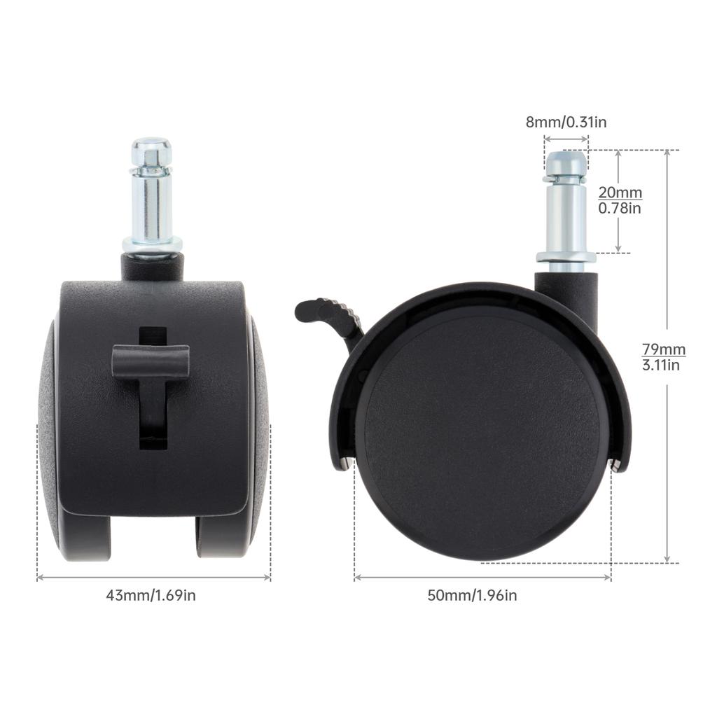 Ruedas de plástico para silla de 2 pulgadas, 1 unidad o 5 unidades, para muebles de escritorio, sillas de oficina, escritorios de computadora, pisos de madera y alfombras, con freno.