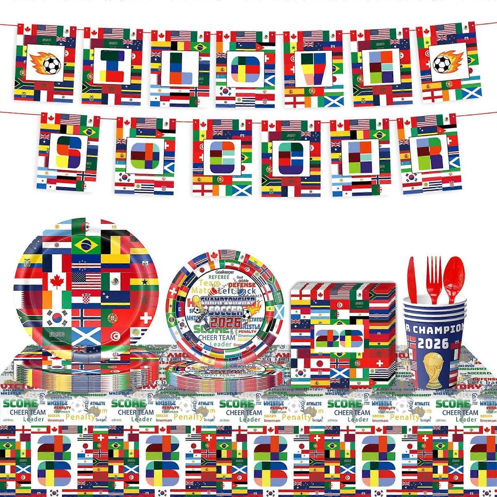 International World Flags Tableware Set, International Flags Decorations Plates and Napkins, Cups,Banner,Flags Tablecloth for Travel Trip Around the G