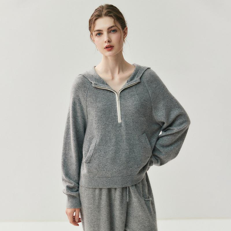 Women's Elegant Hooded Half-Zip Cashmere Sweater - Versatile Knitwear for Autumn/Winter 2026