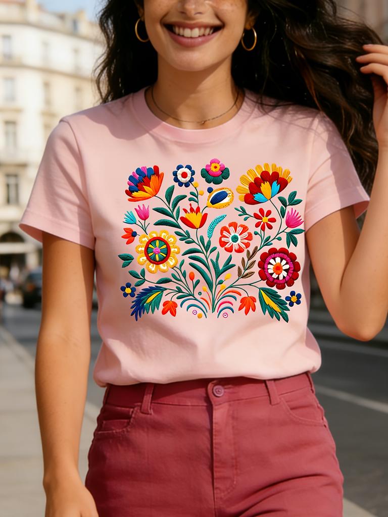 Mexican Embroidery Floral Women's Tee - Vibrant Folk Art Graphic, Casual Black Top