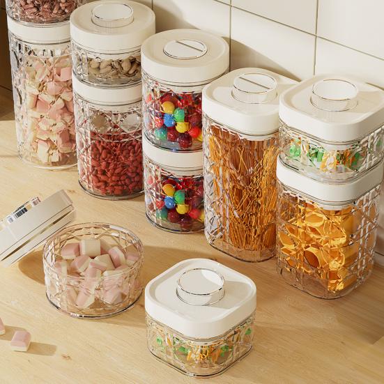 Vintage Luftdichter Vorratsbehälter Klarer Kunststoff Lebensmittelbehälter mit Pop-Deckel Stapelbar Ein-Knopf-Öffnung Küchenaufbewahrungsorganisator für Müsli