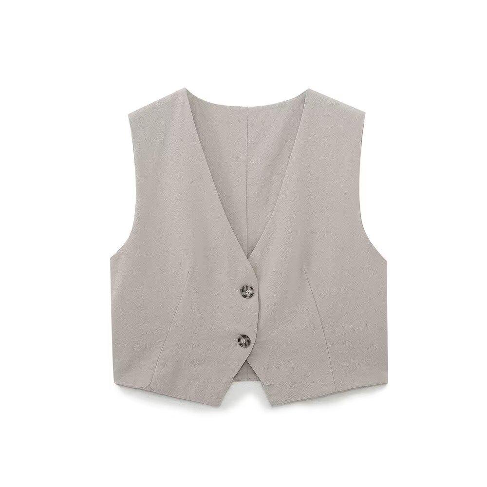 

2025 Весна Женский Европейский и Американский Стиль Льняной Кроп-Топ и Повседневные Брюки Комплект XS