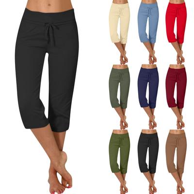 Women's Solid Color Casual Pants Elastic Waist High Waist Drawstring 7/10 Pants Athletic Casual Pants