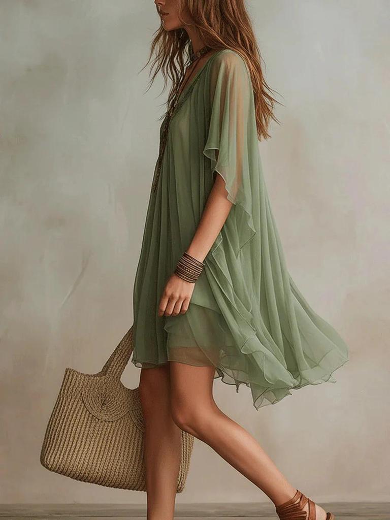 Set Vestito da Spiaggia in Chiffon con Scollo a V da Donna Europeo 2 Pezzi 2026