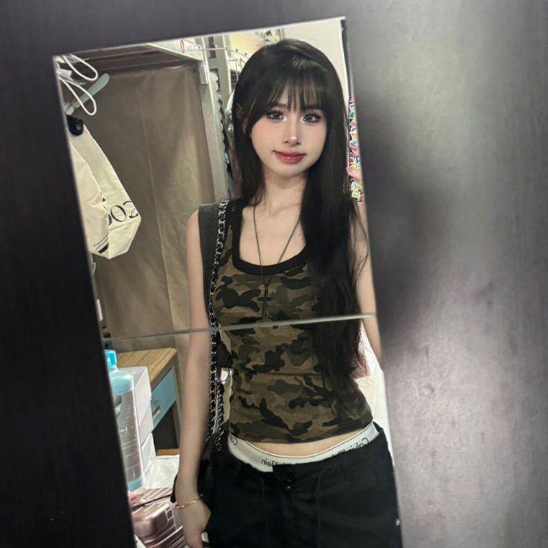 

Petite Spicy Girl Army Green Niche Design Summer Pure Desire Sleeveless Camouflage Camisole Top for Women Trendy Army Green S