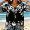 Women's Boho Floral Paisley Print Blouse, Tie Neck 3/4 Flare Sleeve Casual Loose Tunic for Daily Vacation Wear