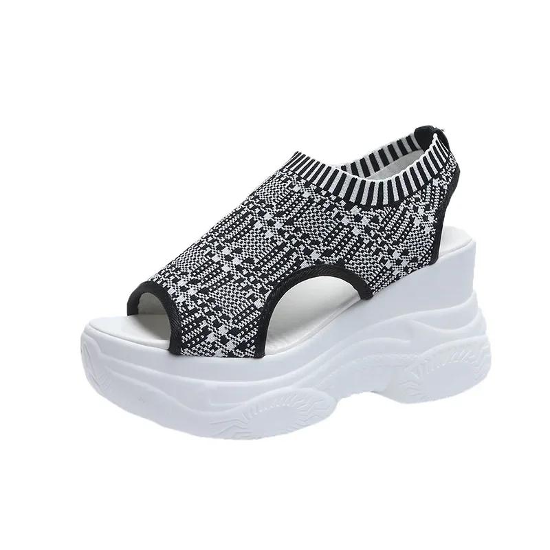 Fashion Sandals Women Summer Korean Version Fish Mouth Shoes Fashion Knitting Mesh Breathable Wedge Platform Sport Sandals Shoes Casual