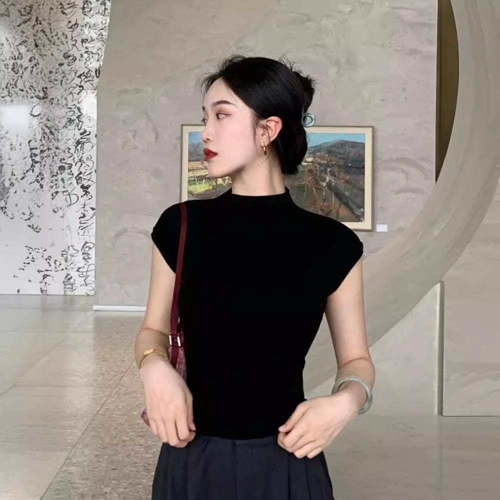 A Cold Semi-turtleneck Black Modal Short-sleeved T-shirt Women's Summer Shoulder High-end Short Top