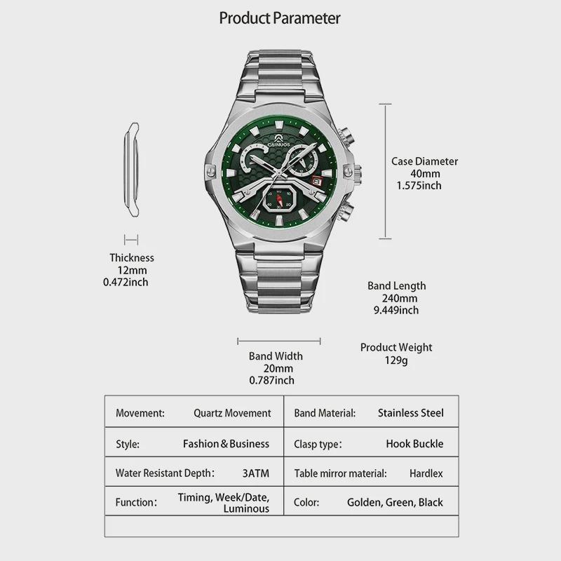 Mens Quartz Watch Waterproof Luminous Display Week/Date Stainless Steel Strap Casual Wristwatches