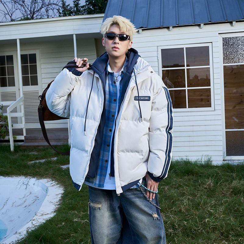 Mens Striped Color Block Outdoor Padded Jacket Warm Hooded Fake Two Piece Coat