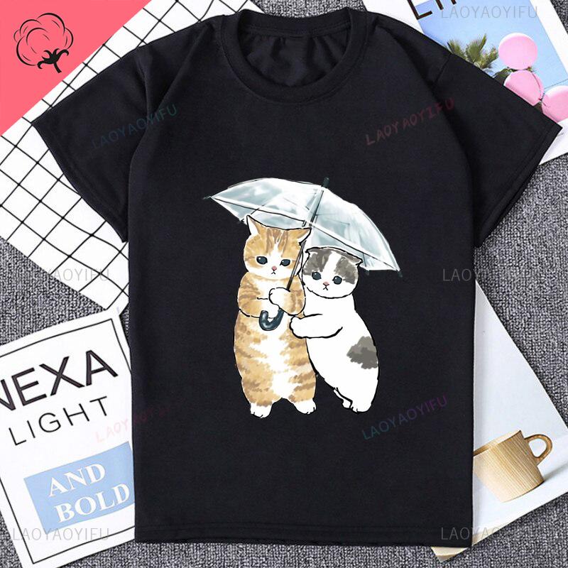 Harajuku Kawaii Kočka Žralok Potisk Roztomilé Kreslené Bavlněné Tričko Módní Streetwear Krátký Rukáv Dámské Tričko Vtipná Grafika Pánská Trička