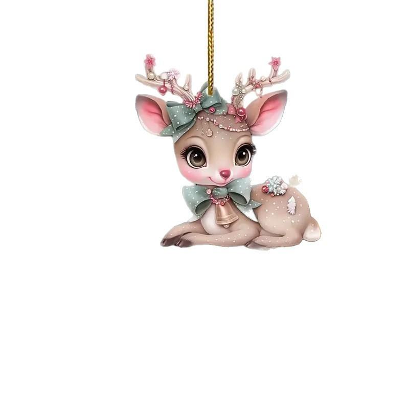 Car Christmas Acrylic Pendant With Butterfly Knot Bell Print Deer For Decor