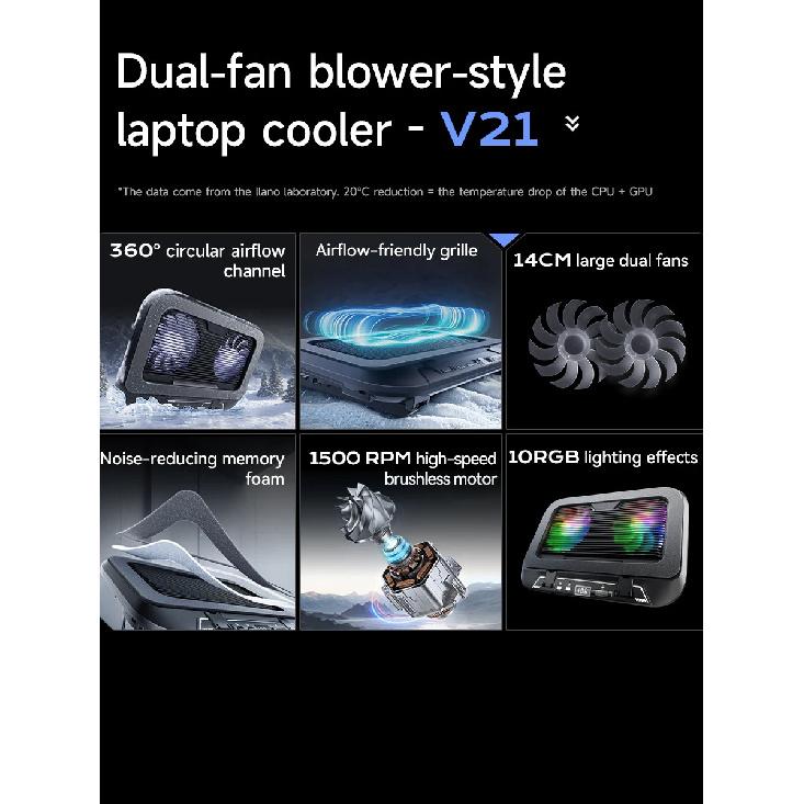 Llano V21 14cm Dual Fans Laptop Cooler 14"-17.3" Lighting Adjustable Foldable Laptop Cooler Pad Cooler Pad LED Light Fan