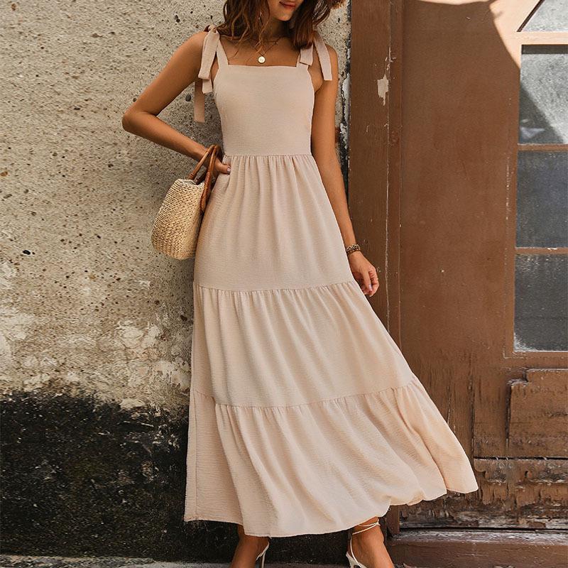 Elegant long dress 2026 summer new European and American women s clothing backless solid color suspender dress S