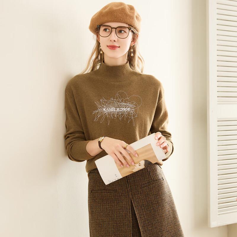 TUHUANG Women's 100% Pure Wool Embroidered Half-High Collar Sweater