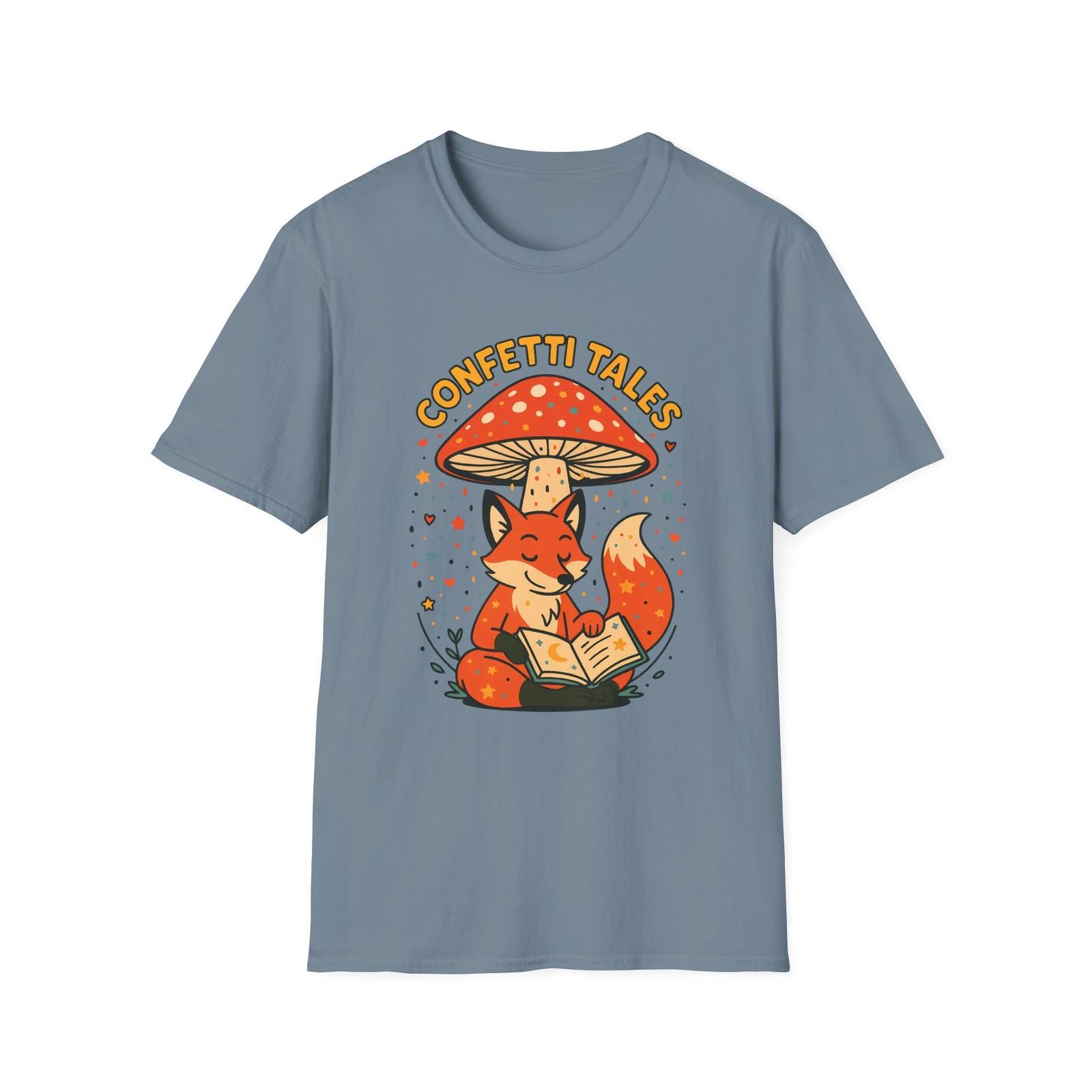 Unisex Softstyle T-Shirt Mens Womens Tees Top Whimsical Fox Mushroom Confetti Reading Cute Animal Tee 4XL