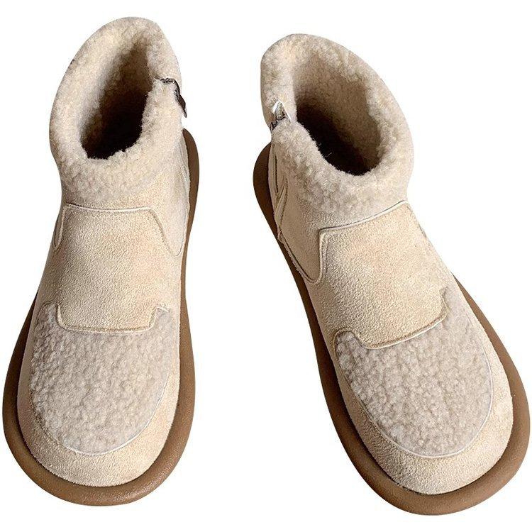 Flat-soled lamb wool velvet Boken shoes women's big head ugly cute short boots 2025 autumn and winter new bread cotton shoes snow boots