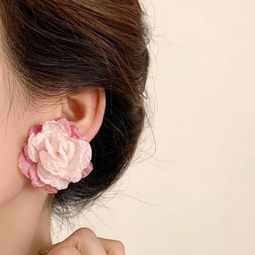Women's Lovely Two-Tone Pink Flower Earrings [Silver Needle]