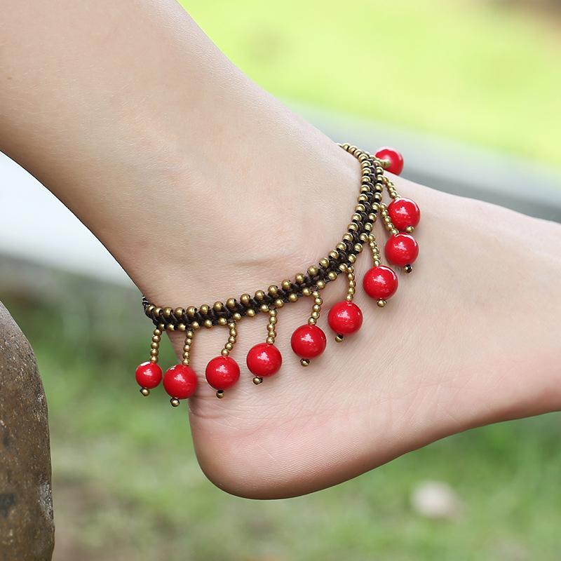 Handmade Braided Anklets Bracelet Sandals Brides Shoes Barefoot Beach Vintage Tassel Red Beads Anklets For Women Yoga Jewelry