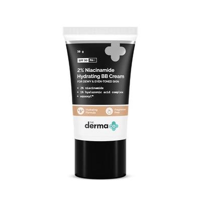 Derma Co 2% niacinamid orosený, zářivý hydratační krém pro všechny typy pleti se středním krytím Bb krém s Spf 30 Pa++ obohacený o 1% komplex kyseliny hyaluronové