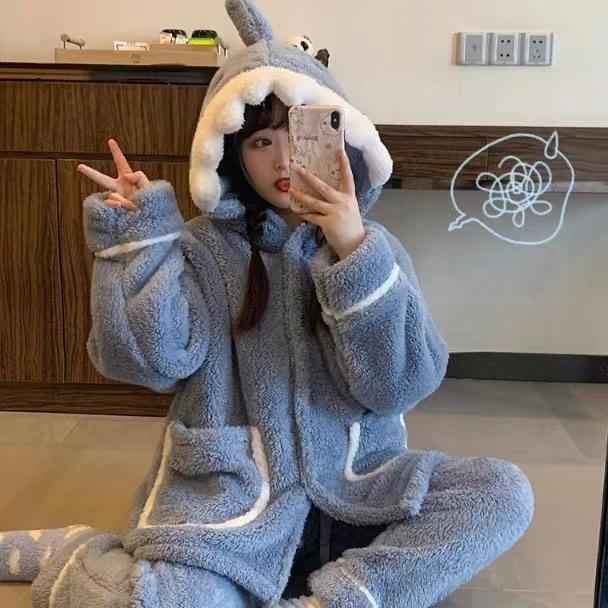 Women's Cute Shark Hooded Pajamas: Thickened Coral Fleece for Warmth, Perfect for Winter Lounging and Outdoor Wear.