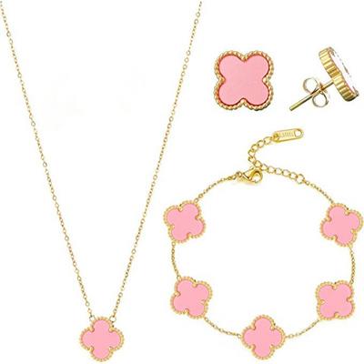 3 STKS Vierbladig Grasketting Armband Oorbellen Driedelige set van veelzijdige Lucky Vierbladig Gras Vijf Bloemarmband Kraagketting Oorbellen