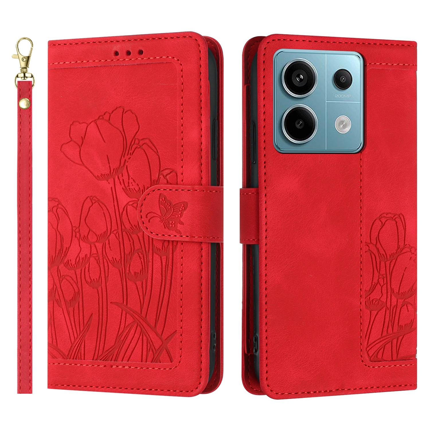 

For Xiaomi Redmi Note 13 5G Case Tulip Leather Phone Cover with 5 Card Slots Wallet Red