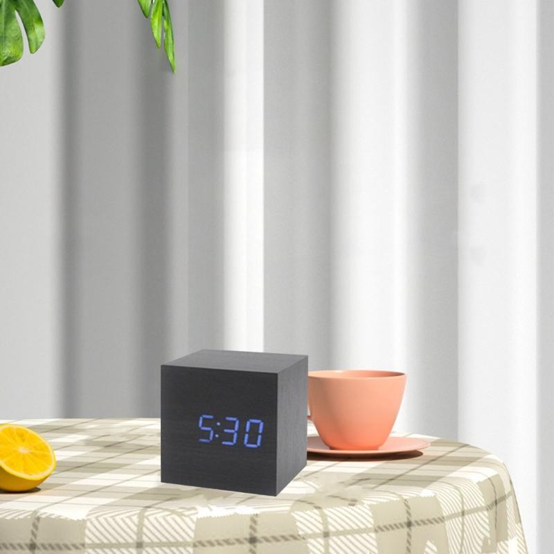 Wood Cube Voice Control Alarm Clock Bedside Table Square Clock Multipurpose for Children Bedroom Dormitory
